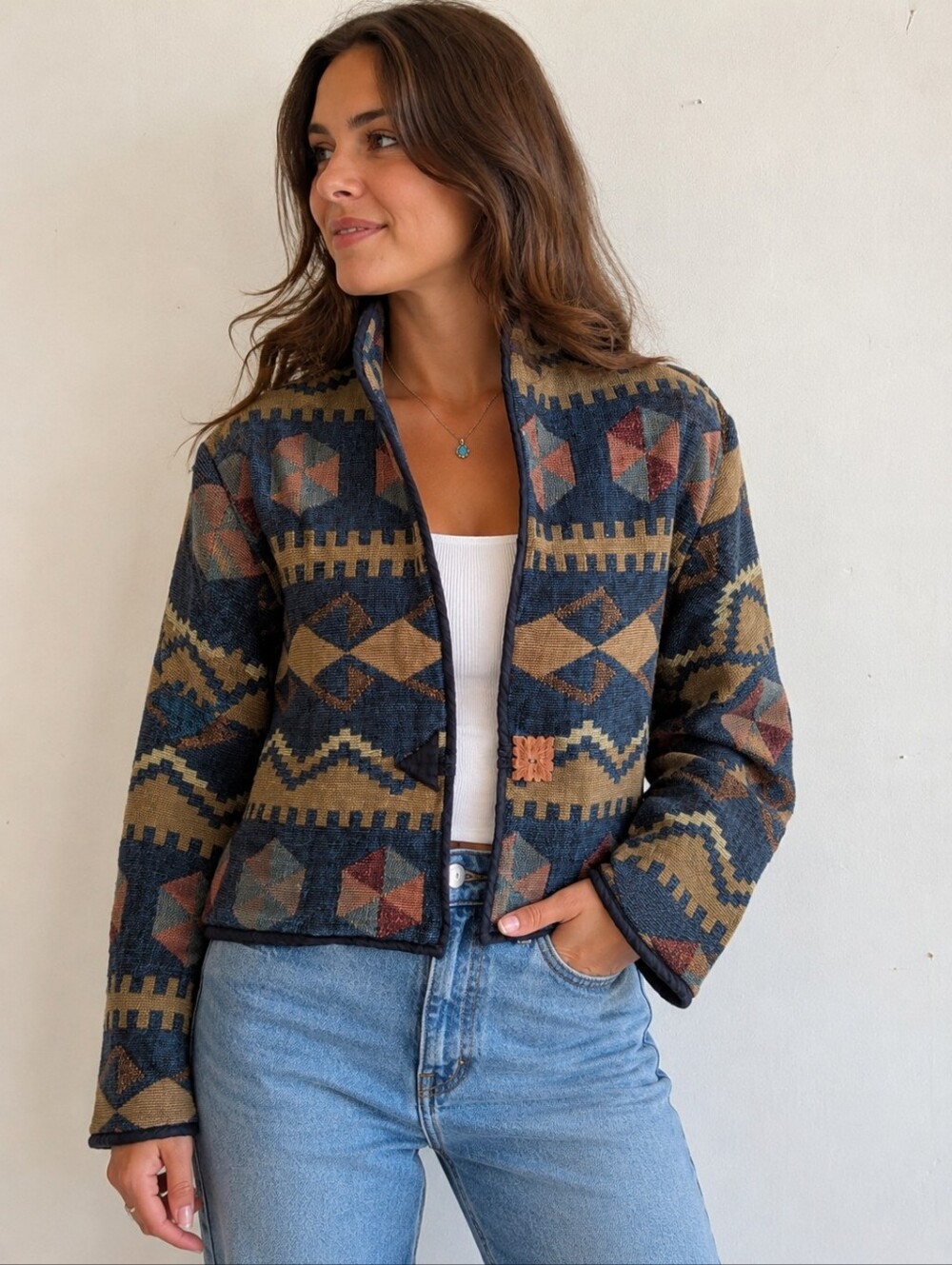 Vintage Keren Hart Southwestern Tapestry Cropped Jacket Medium